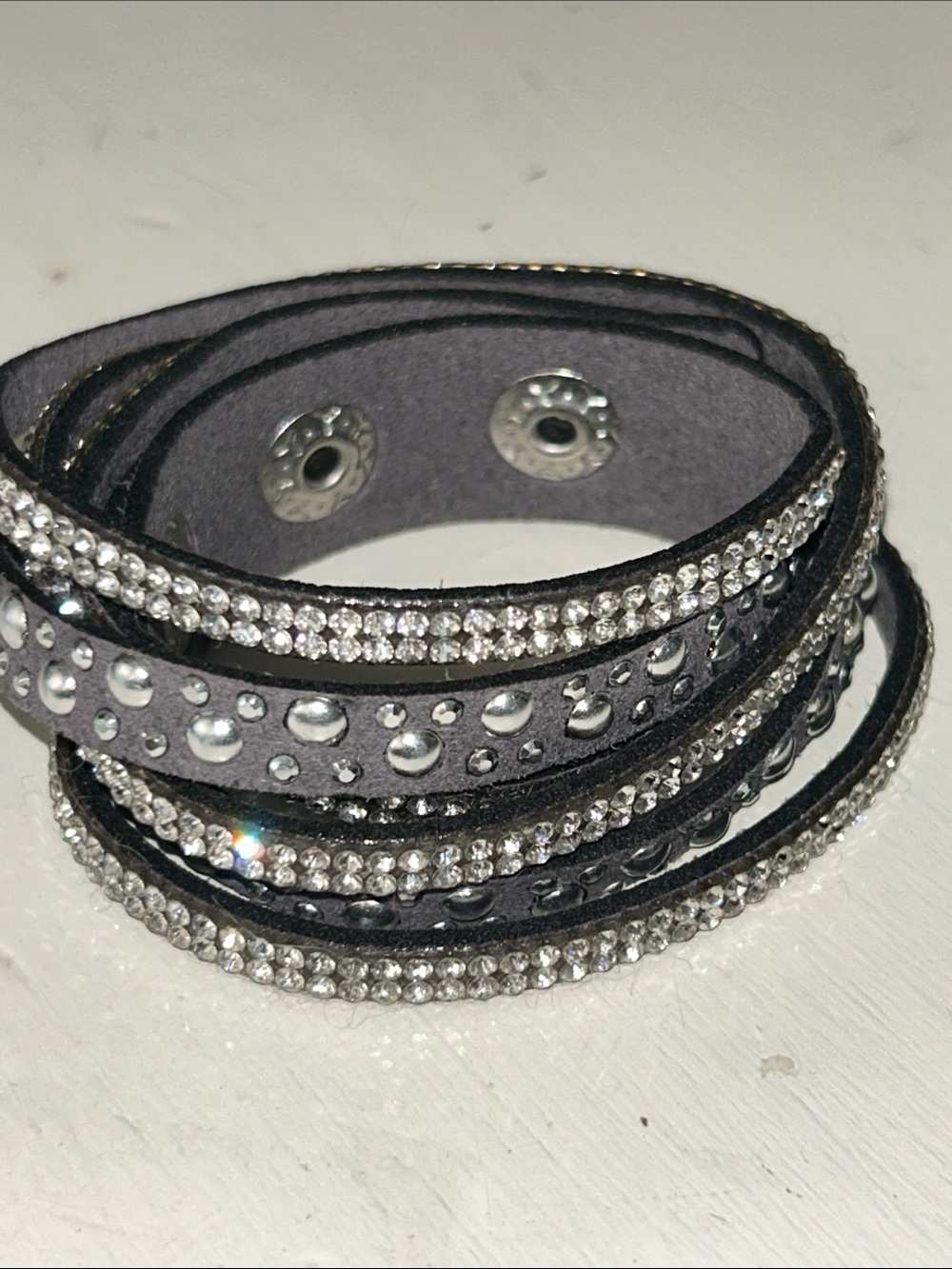 Wrap around faux leather rhinestone snap multi layer bracelet